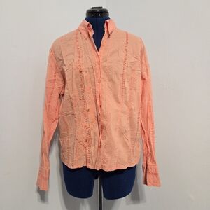 Vintage Peach Pink Eyelet Cotton Button Down Shirt Size L